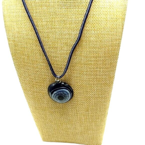 Evil Eye Necklace, Navy Blue Evil Eye Glass Disc Pendant On Black Cord - Picture 8 of 12